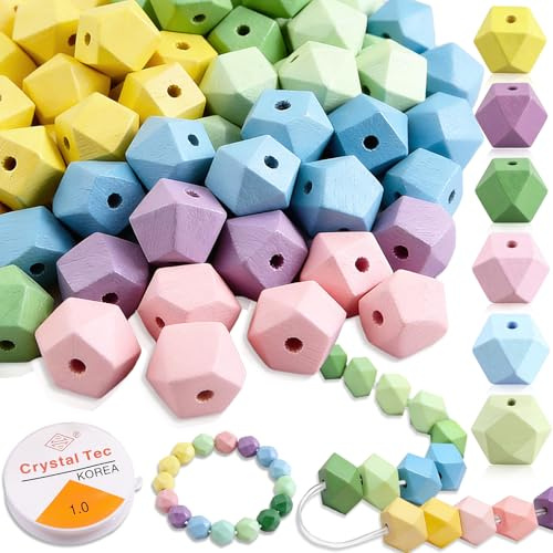 60stk Holzperlen Bunt Und 4m Nylonschnur,6 Farben,Geometrische Holzperlen | Mit 3.6 Mm Loch,16 Mm Holzkugeln Groß,Holzkugeln Gemischte Holz Perlen Mit Loch Bastelnperlen,Für Diy Schmuck Herstellung