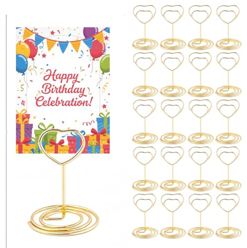 Table Number Holders, 20 Pack Photo Holders for Tables with Photo Clips, Elegant Gold Wire Heart-Shaped Stands for Wedding Table Displays, Restaurant Menu Cards and Party Photo Arrangements,3x5cm