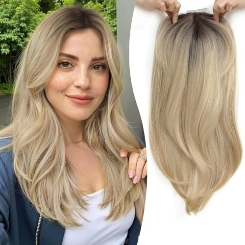 Ms Taj haarteile für dünnes haar,45cm Ombre Blonde with Dark Root haartopper natürlich geschichtet Clip-in-Haarteil für mehr Haarvolumen synthetische Haa Haarteil