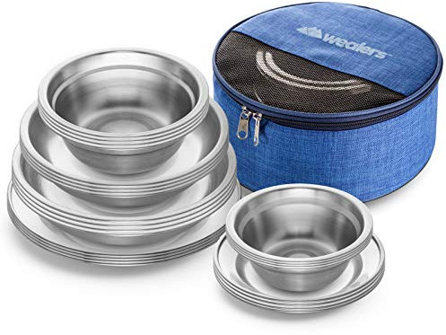 Lot de 24 Assiettes et Bols en Acier Inoxydable pour Enfants et Adultes Idéal pour Le Camping, la randonnée L