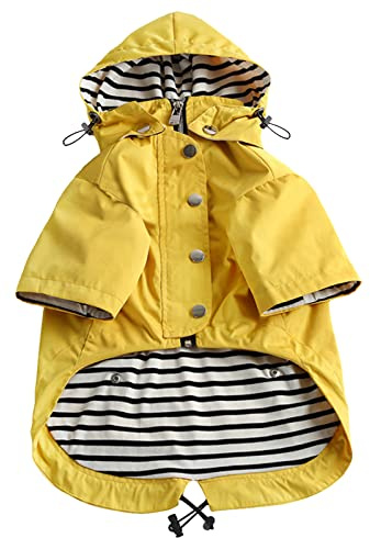 Dog Zip Up Raincoat with Reflective Buttons, Rain/Water Resistant, Adjustable Drawstring, Removable Hood, Raincoats with Legs 8lbs to 80lbs Available - Yellow - Medium
