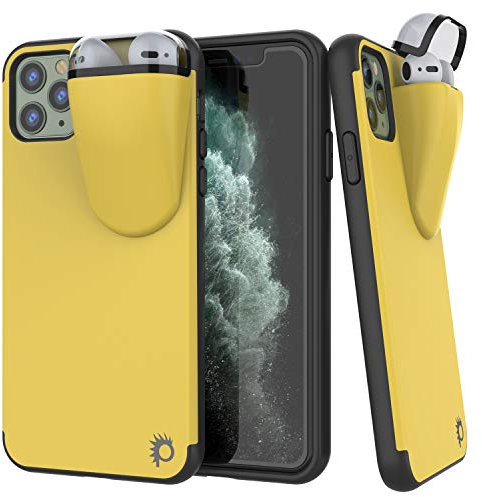 PunkCase iPhone 11 Pro Max Airpods Case Holder (TopPods Series) | Slim & Durable 2 in 1 Cover Designed for iPhone 11 Pro Max (6.5) | Protects Your Phone & Stores Your AirPods Gen. 1 & 2 [Yellow]