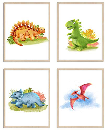 WIETRE® 4er Set Bilder Dinosaurier Kinderzimmer Babyzimmer Deko | Bild Junge Mädchen Poster DIN A4 | Dinos T-Rex Tiere (ohne Rahmen)