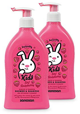 sanosan 2in1 Dusche & Shampoo Himbeere für Kinder - Duschgel & Haarshampoo mit Bio Olivenextrakt & Milchprotein im 2er Pack (2x 400 ml) - Haarpflege, Hautpflege, Shower Gel, Haar Shampoo