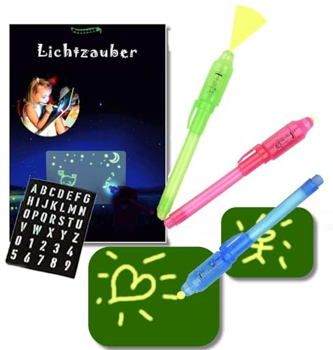 bestbeans Licht Zauber Set: 2 x Tafel (A4&A5) + 3 x Geheimstift mit UV Lampe - pädagogische leuchtendes Zeichenbrett im Dunkeln leuchten Zauber malen Zeichen-Tafel Geheimschrift
