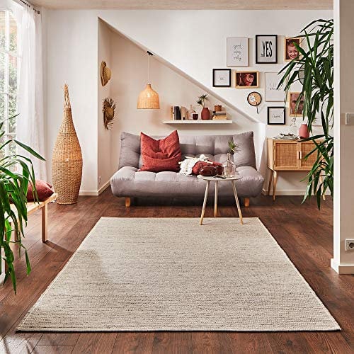 Steffensmeier Handweb Teppich Ettal | Schurwolle mit Fusselstopp, gewalkt, Hellgrau, handgewebt, Größe: 70x130 cm Wohnzimmer und Schlafzimmer