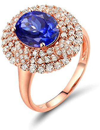 Bishilin Verlobungsring Rotgold 750 Halo Ring mit Oval Tansanit 2.09ct, Hochzeitringe Damen Diamant Echt Gr.49 (15.6)