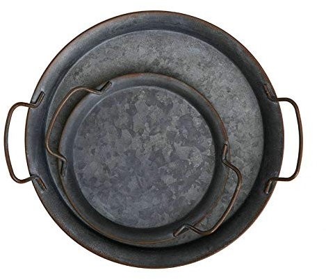 VIGAN Home Retro Piatto di Metallo con Manici Artigianale Rotondo Battuto Vintage Vassoio Pane (2PCS (S + L))