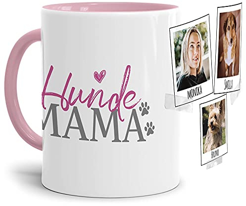 Tasse mit Spruch - Collage personalisieren - Hundemama - Für Hundeliebhaber und Hundebesitzer - 3 Bilder + 3 Namen, Innen & Henkel Rosa, 300 ml