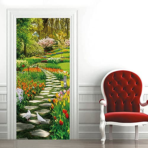 A.Monamour Türtapete Selbstklebend Türfolie Türposter 3D Gartenweg Bunte Blumen Bäume Vögel Vinyl Folie Türdeko Tapete Wandbild Türaufkleber Türtattoo 85 x 200 cm