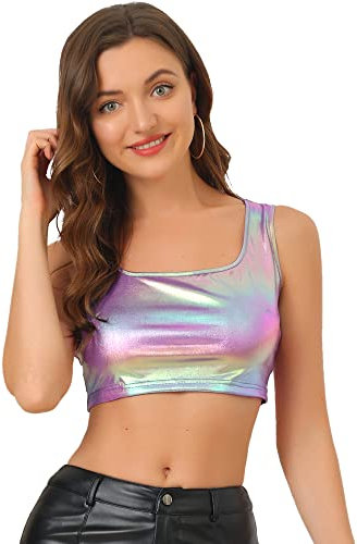 Allegra K Damen Metallic Crop Top Party Tanktop Ärmellos Glänzend Club Bauchfrei Oberteil Helles Lila M