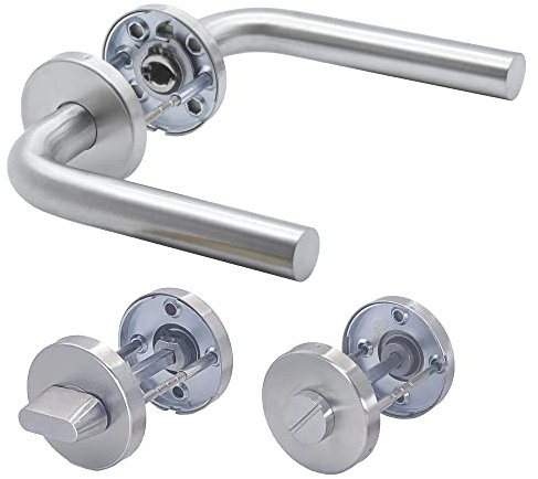 Türgriffe APECS Drückergarnitur zimmertüren INOX Türklinke für Haustür und Innentüren Türbeschlag rund Rosettengarnitur edelstahl matt Drückergarnitur L-Modell H-0201+WC, Silber
