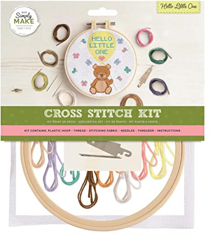 Simply Make Cross Stitch Kit - Hello Little One Design for Kids and Adults, Including Hoop, Embroidery Thread, Fabric and Needle - Perfect for Adult Crafts and Beginners Starter Cross Stitch Craft Kit