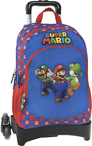 FCP Schultrolley kompatibel mit Super Mario mit organisiertem abnehmbarem Rucksack + 3D-Schlüsselanhänger + buntem Stift, mehrfarbig, standard