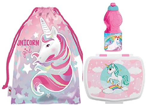 RSL Pack Unicornio Set sandwichera infantil, botella de agua y Bolsa Merienda de Cuerdas. Pack Diseño Colorido | Sandwichera Escolar | Material Escolar Vuelta al Cole.