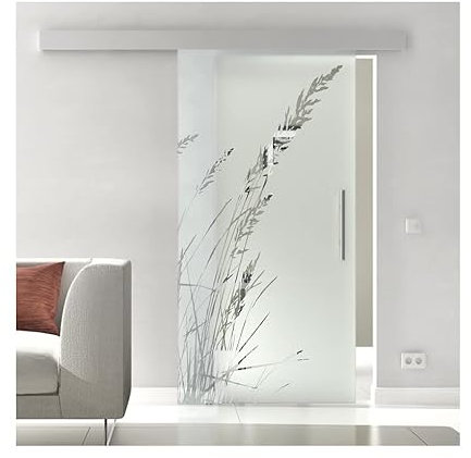 SoftClose-Glas-Schiebetür 900x2050 mm Breite Gräser Sadora Slimline-System komplett Laufschiene und Muschelgriffen Schiebetür aus Glas für Innenbereich