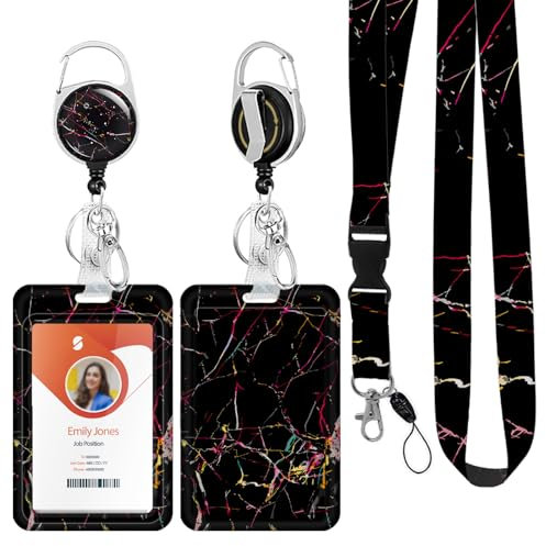 ID Badge Holder mit Lanyard, einziehbare ID Badge Card Holders Abnehmbare Hals Lanyard Strap mit Badge Reel und vertikale ID-Halter für Krankenschwester Studenten (Marble Black)