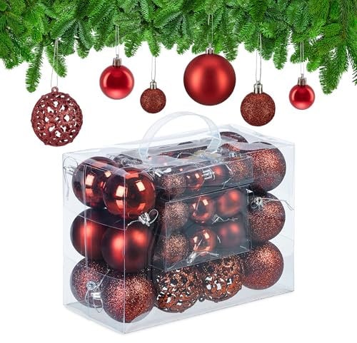 Relaxdays Set 50 Bolas Navidad, Decoración Navideña Mate, Brillante, Reluciente, Adorno Árbol, 3 Tamaños, Rojo