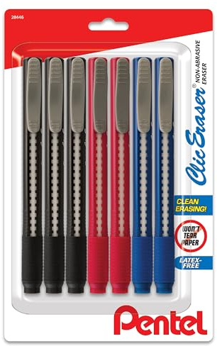 Clic Radiergummi, einziehbar, mit Griff, Bürofass-Farben (schwarz, rot, blau), 7 Stück