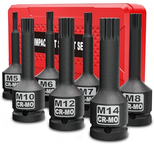 KIRXST Juego de Puntas de Vaso de Impacto XZN de 3/8, M5 - M14, Juego de 7 Piezas Llave de Vaso Multidientes, Juego de Estriada Cuadrada Triple de Impacto de 3/8 Pulgadas