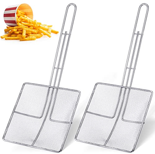 Mumufy 2 Pcs Square Fine Mesh Skimmer Spider Strainer Oil Skimmer for Deep Fryer Frying Scoop Stainless Steel Spider Strainer with Long Handle for Kitchen Swimming Pools Fried Food (6.7 x 6.7 Inch)