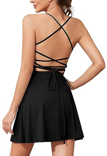 Desol zweiteiliges Tenniskleid mit integriertem BH unter Shorts, Golf-Trainingskleid und aktives Kleid mit offenem Rücken und Taschen
