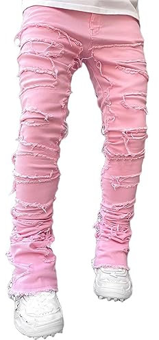 ORANDESIGNE Pantaloni Cargo Jeans Strappati Slim Fit da Uomo Pantaloni Skinny in Denim Casual a Tinta Unita I Rosa L