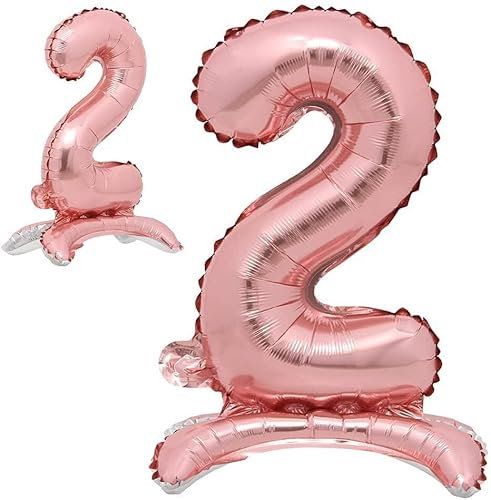 Stehende Luftballons * Zahlen 0 bis 9 * in Gold + Silber + Rosegold | 86cm groß; kein Helium nötig | Stehballons Geburtstag Deko Zahl Party Kindergeburtstag Partydeko, Farbe: Zahl 2 Rosegold