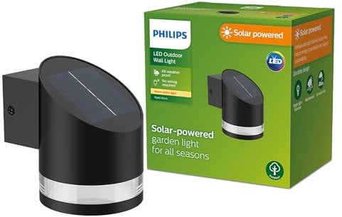 Philips Outdoor Solar Fyve Wandleuchte 1,5W, Tageslichtsensor, 2700 Kelvin, IP44 wetterfest, schwarz