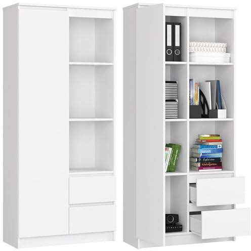 Home Collective Schrank Büroregal Bücherregal Regal weiß 80cm breit 180cm hoch, mit Tür und 2 Schubladen unten