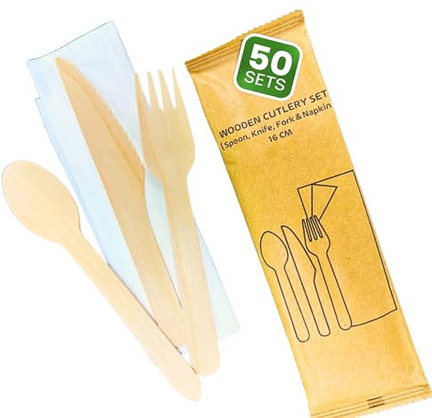 DISPOSABLE GREEN® | Individual Wrapped Wooden Compostable Cutlery Set, Each Set Includes 16cm Long Fork, Knife, Spoon and a Napkin- 50 Sets