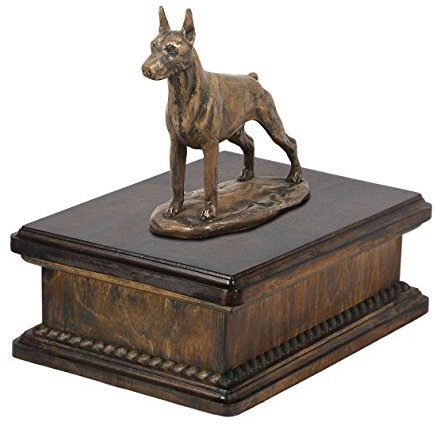 Art-Dog Custom Dog Mama Sitzende Statue Gedenkurne - Handgefertigte kaltgegossene Bronze auf Birkensockel - Urne für die Asche von Hunden - 24,5x29x21cm - 5l - Dobermann