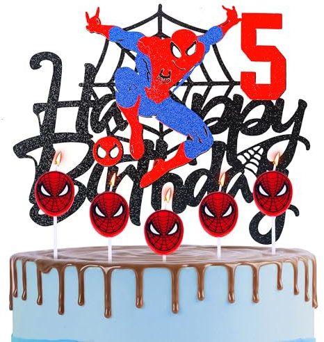 Spider-man 5th Birthday Cake Topper with Candle Red Spider Candles Cake Decorations for Boys,Happy 5th Birthday Spider Theme Party Candles Cake Cupcake Topper for Boys Girls 5th Birthday Decor