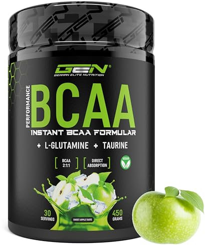 BCAA Performance - 450 g de poudre - BCAA instantanés + L-Glutamine + Taurine - Délicieux & super soluble - Acides aminés végétaliens - Ratio 2:1:1 - (Pomme)