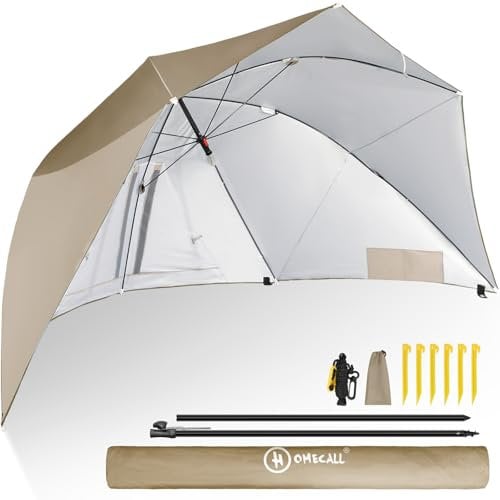 Homecall Strandmuschel 2 in 1 Strandschirm Umschaltbar Ø 270cm Sonnenschirm Strand Groß mit Fenster - Windschutz Strand, Regendicht, UV50+ Sonnenschutz für 2-3 Personen (Khaki)