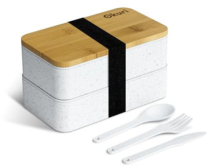 Okuri Bento Box - Double Layer Storage Lunchbox with Bamboo Lid - Meal Prep Container with Compartments for Kids (White)