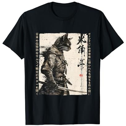 Japanese Ukiyo-e Samurai Cat Warriors - Anime Samurai Cat Warrior T-Shirt - Schwarz - S - Unisex-Erwachsene - Kurzarm - Crew-Ausschnitt - Retro - Anime Fans, Alle Altersgruppen, Unisex
