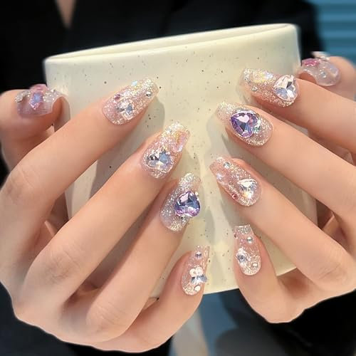 Pure Handmade Press on Nail Reusable Fake Nails Silver&Golden RhineStones Bling Bling Medium Stick on Nails French Tip False Nails 10pcs (M, Q317 NAILS)