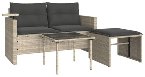 vidaXL Garten Sofagarnitur 3-TLG., Gartensofa mit Kissen, Sitzgruppe für Garten Terrasse, Gartentisch Gartenmöbel, Hellgrau Poly Rattan