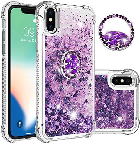 IMEIKONST Glitter Case for iPhone XR, Sparkle Quicksand Clear Slim Fits TPU Bumper Silicone Shell Diamonds Ring Stand Fuction Shockproof Cover for iPhone XR. Love Purple YBZ