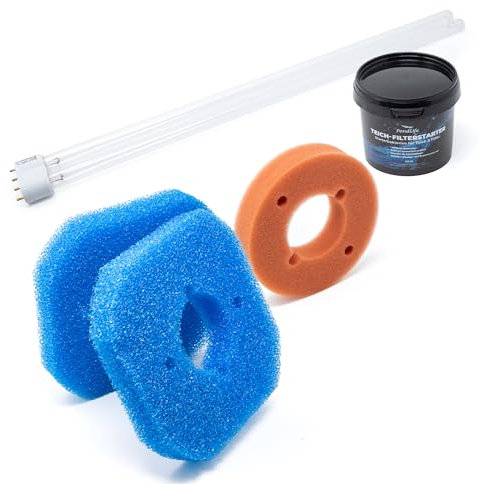 VIALIA Wartungspaket für Oase FiltoClear 3000, Ersatzteil Set, 2X Blaue und 1x rote Filterschwämme, Filterstarter, 9W UVC-Lampe gegen Keime und Algen