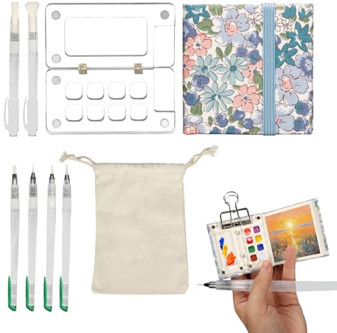 Tefola Mini Carnet de Croquis Aquarelle, Ensemble de Voyage Aquarelle Portable, Palette Acrylique Transparente avec 8 Grilles, Palette Aquarelle - avec Sac de Rangement - avec Clip - avec 6 Pinceaux