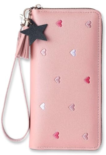 NICECONE Portefeuille long avec fermeture éclair rose pour filles, avec cœurs brodés, pampilles, pendentif étoile mignonne, portefeuille fin en cuir synthétique pour pièces de monnaie, porte-cartes de