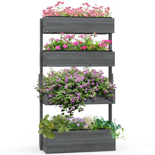 Outsunny 80cm x 45cm x 142cm 4-Tier Raised Garden Bed, Fir Wood Vertical Planter Box, Freestanding Elevated Plant Stand for Indoor Outdoor Use, Grey