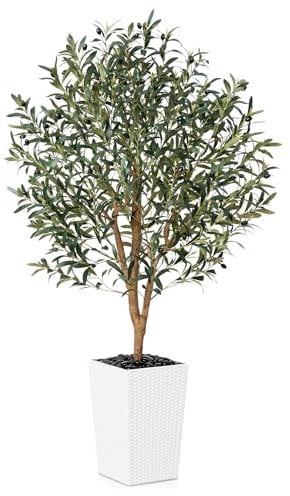 VeriNatural Olivier Artificiel 150cm-Grande Plante Artificielle d'Intérieur et Extérieur, Fausse Arbre avec Pot en Plastique Tressé Blanc&Résistant aux UV-Décoration pour Maison,Balcon,VN133