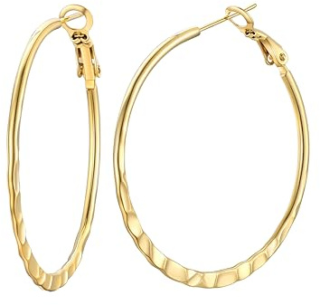 FOCALOOK Orecchini a cerchio placcati oro da donna 40 mm, con anelli dorati piatti, 4 cm da donna, Acciaio inossidabile Oro giallo