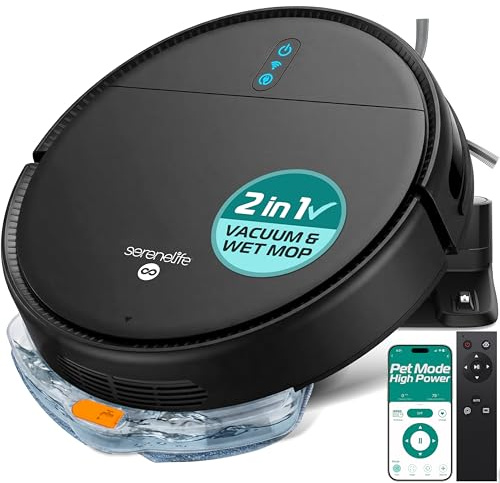 SereneLife Saugroboter mit Wischfunktion, 700Pa Saugroboter, 3-in1- Saug und Wischroboter, Staubsaugroboter mit APP Steuerung, Vacum Robot mit Absturzsensoren-Ideal für Tierhaare & Teppich, Schwarz