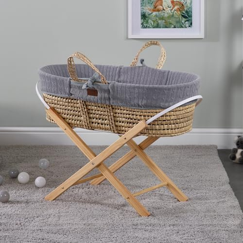 Kinder Valley Grey Knitted Moses Basket with Natural Folding Stand, Fibre Mattress & Padded Liner