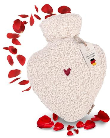 kontor28® - Bouillotte en forme de cœur avec housse en 100 % coton bio extra doux - Cadeau pour elle et lui - Fabriquée en Allemagne - Bouillotte cœur - 1 l