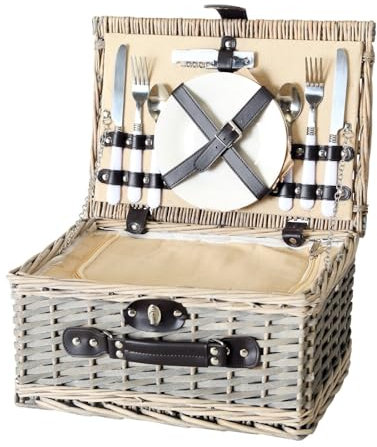 Ariege - Lot de 14 paniers de pique-nique en osier - Vaisselle, cuillère, fourchette, tire-bouchon, couteau, assiette, verre à boire, salière et poivrière - Avec compartiment isotherme - Pour camping,
